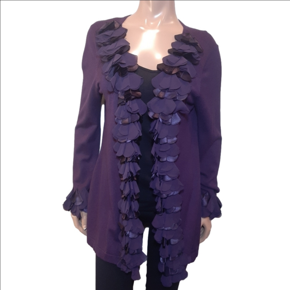 LAURA PETITES Ruffled Cardigan Sweater Chiffon Satin Purple Womens Size Medium